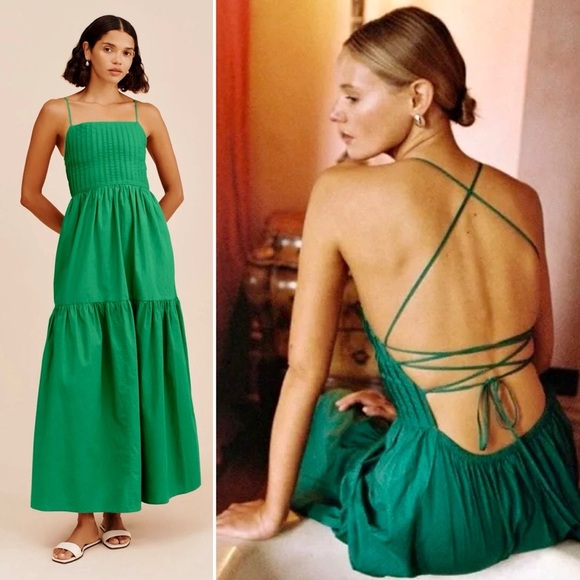 Posse Alexis Dress Topaz Green Strappy Back Maxi Sundress Tiered Cotton XS 0 2 - Picture 10 of 11